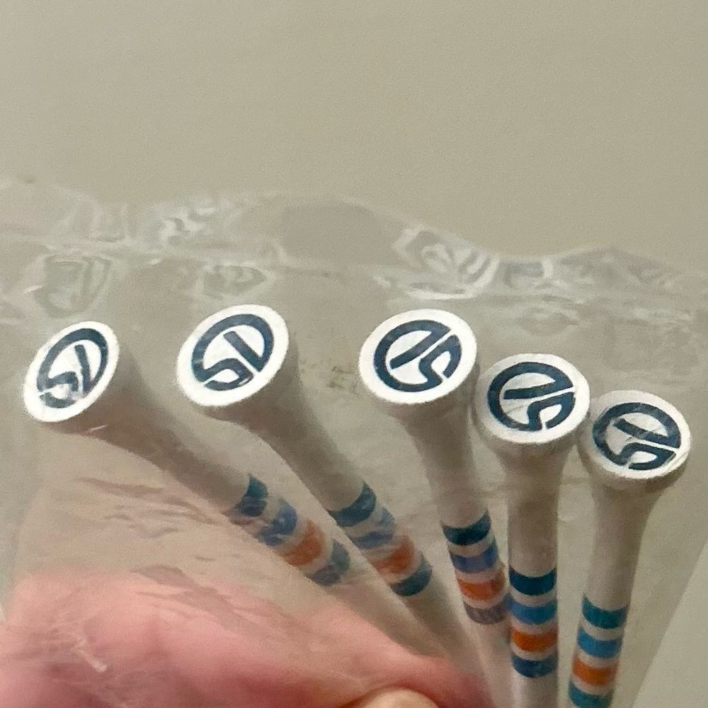 Straight Down White Wooden Golf Tees with Blue, Orange, and Green Stripes 2.75in - Picture 2 of 4